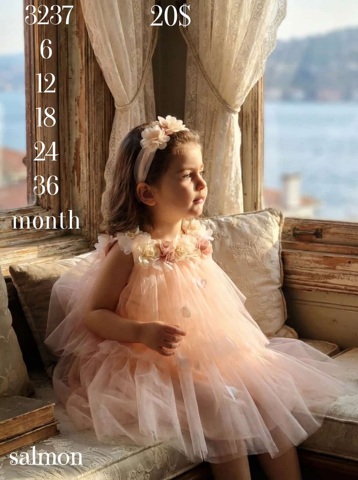 Liv Olivia Liv-3237 Tiered Tulle 3D Floral Powder Baby Dress · Salmon wholesale Girls