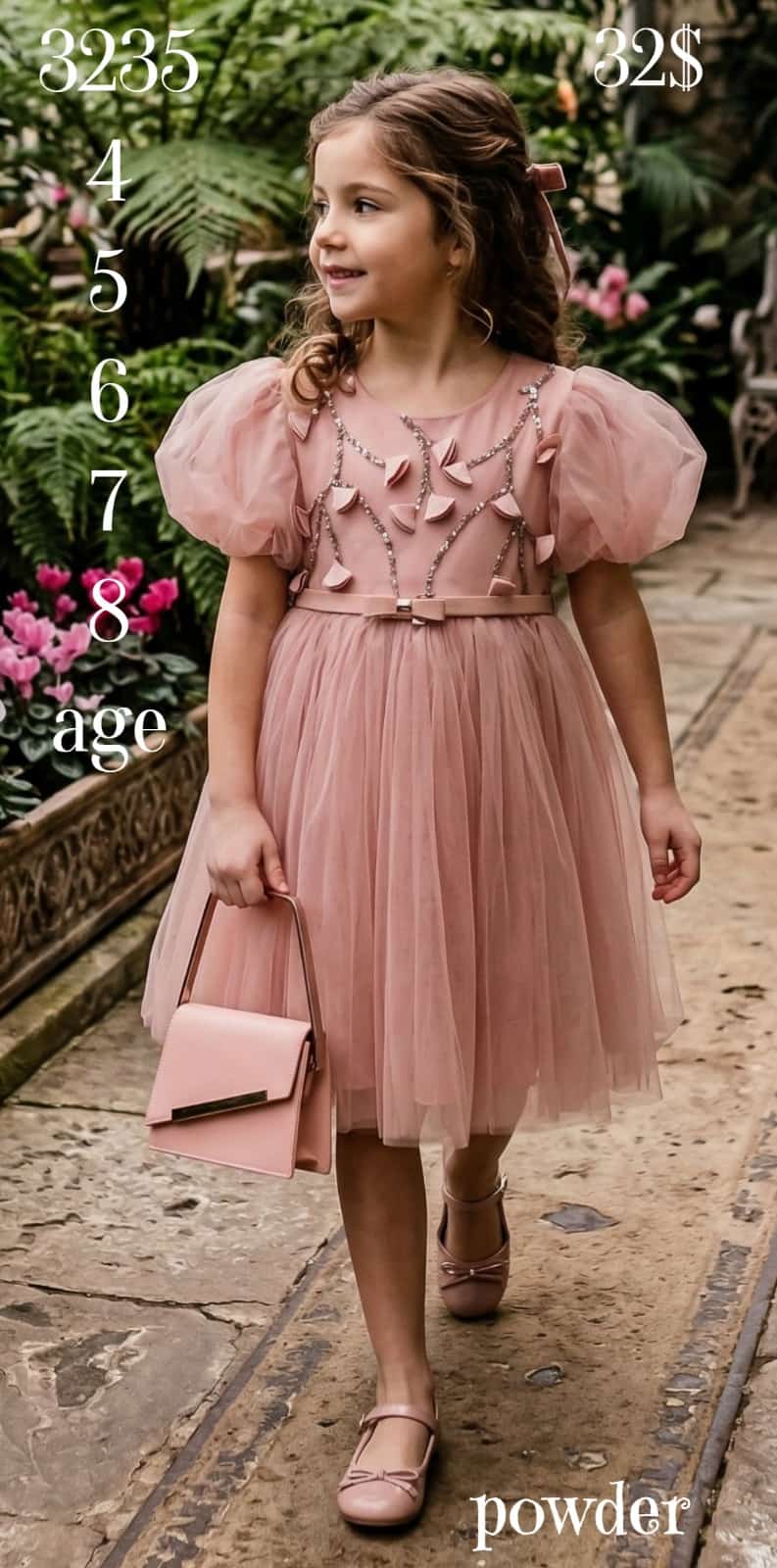 Liv Olivia Liv-3235 Puff Sleeve Embellished Powder Girls Party Dress · Powder pink wholesale Girls