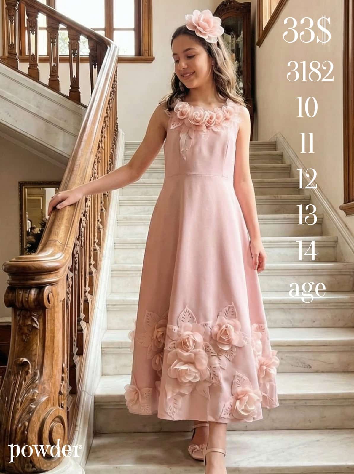 Liv Olivia Liv-3182 3D Floral Powder Long Girls Party Dress · Powder pink wholesale Girls