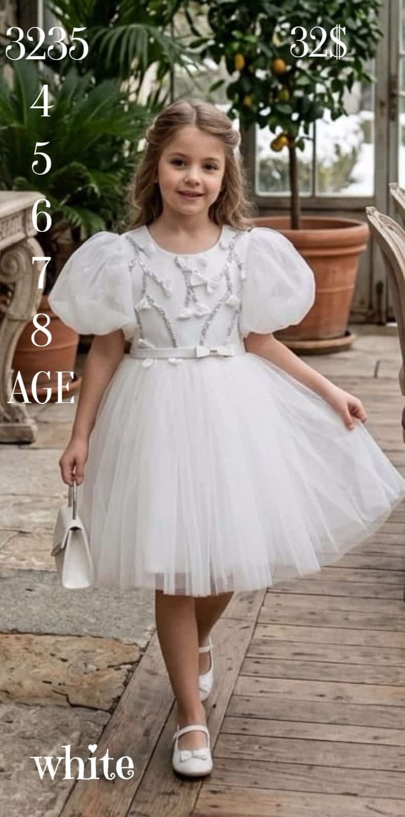 Liv Olivia Liv-3235 Puff Sleeve Embellished White Girls Party Dress · White wholesale Girls