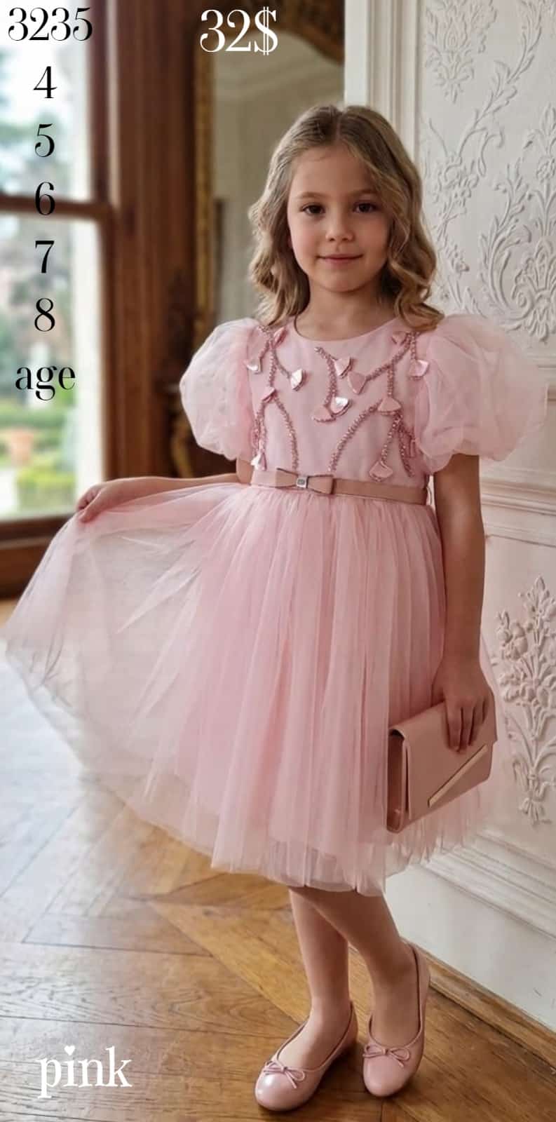 Liv Olivia Liv-3235 Puff Sleeve Embellished Pink Girls Party Dress · Pink wholesale Girls