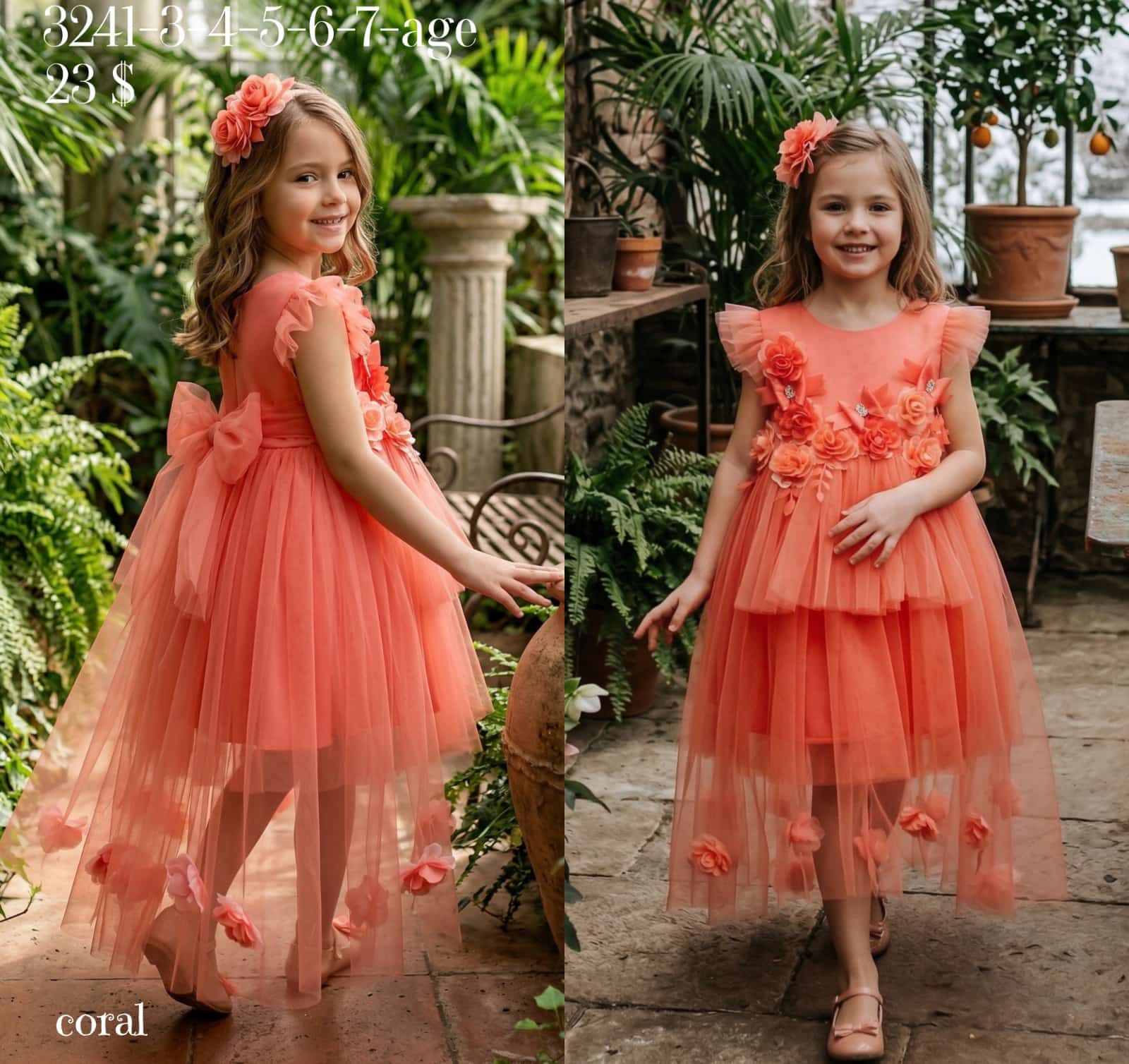 Liv Olivia Liv-3241 3D Floral Back Bow Coral Girls Dress · Coral wholesale Girls
