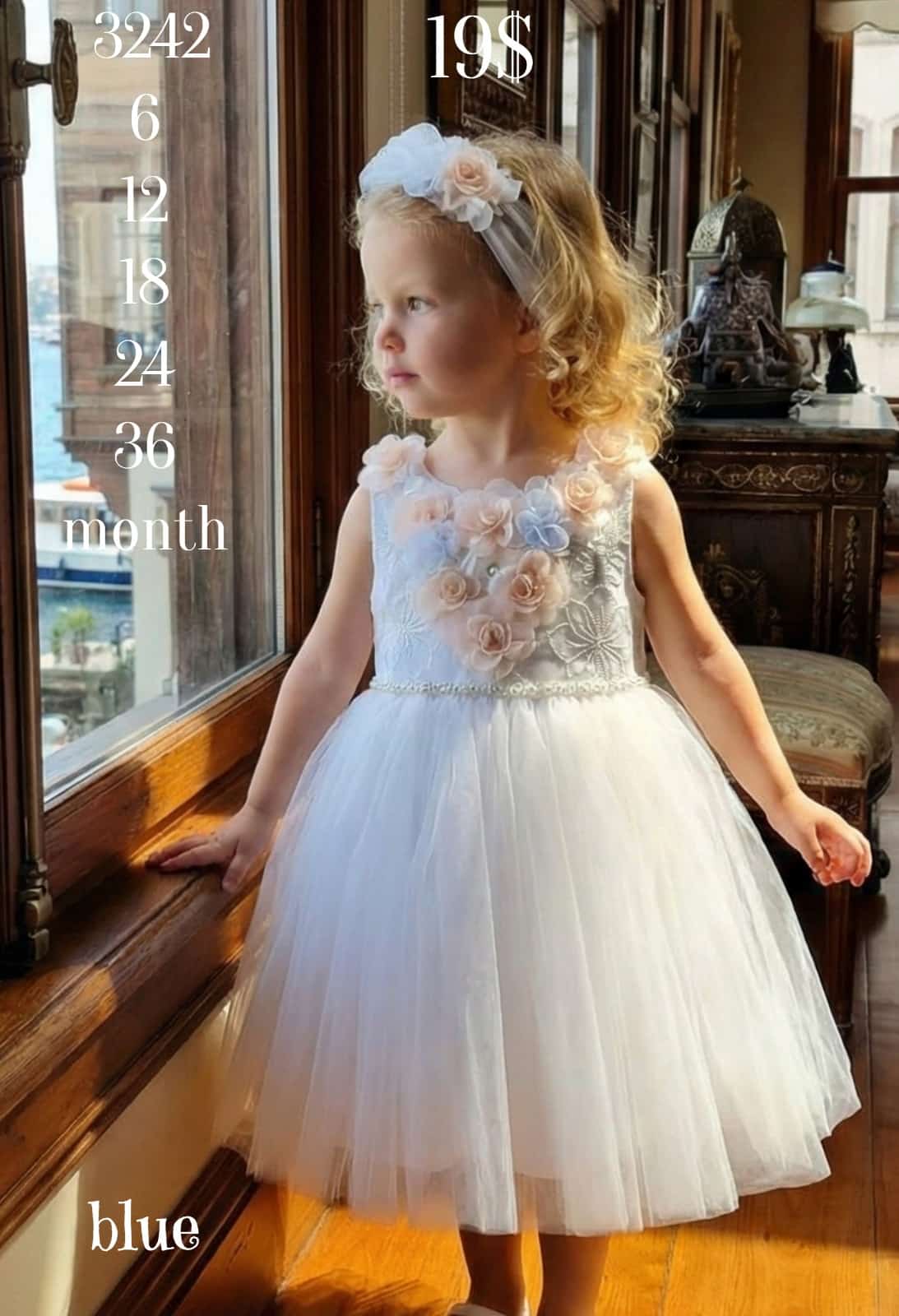 Liv Olivia Liv-3242 Embroidered Floral Pearl Blue Baby Dress · Light blue wholesale Girls