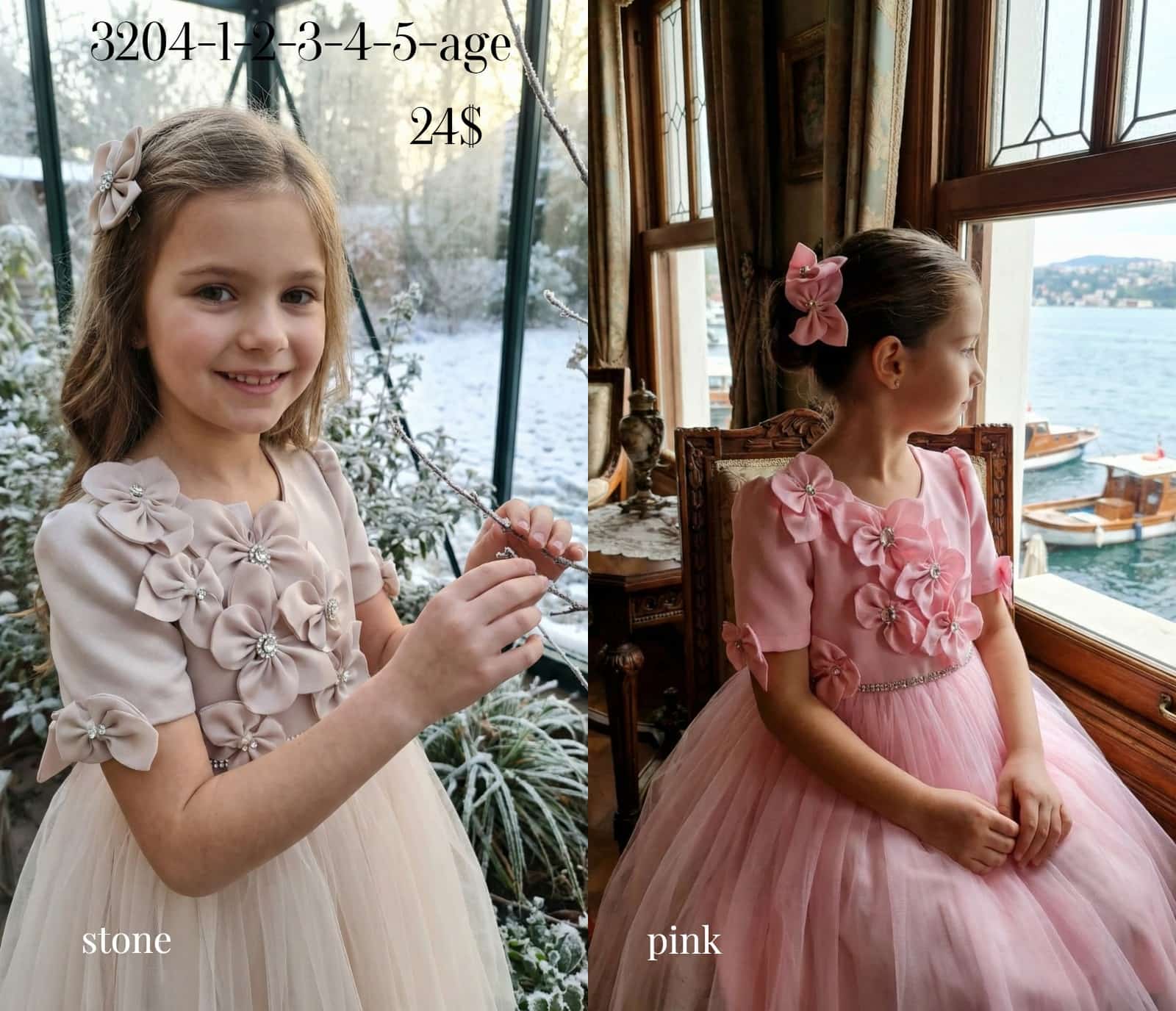 Liv Olivia Liv-3204 Rhinestone Bow Floral Girls Party Dress · Beige wholesale Girls
