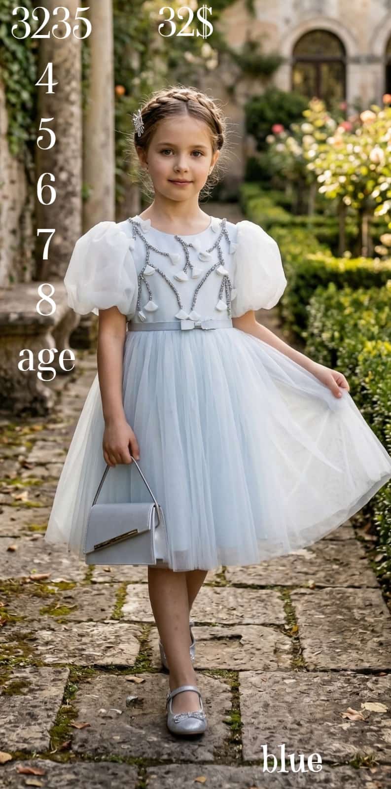 Liv Olivia Liv-3235 Puff Sleeve Embellished Blue Girls Party Dress · Light blue wholesale Girls