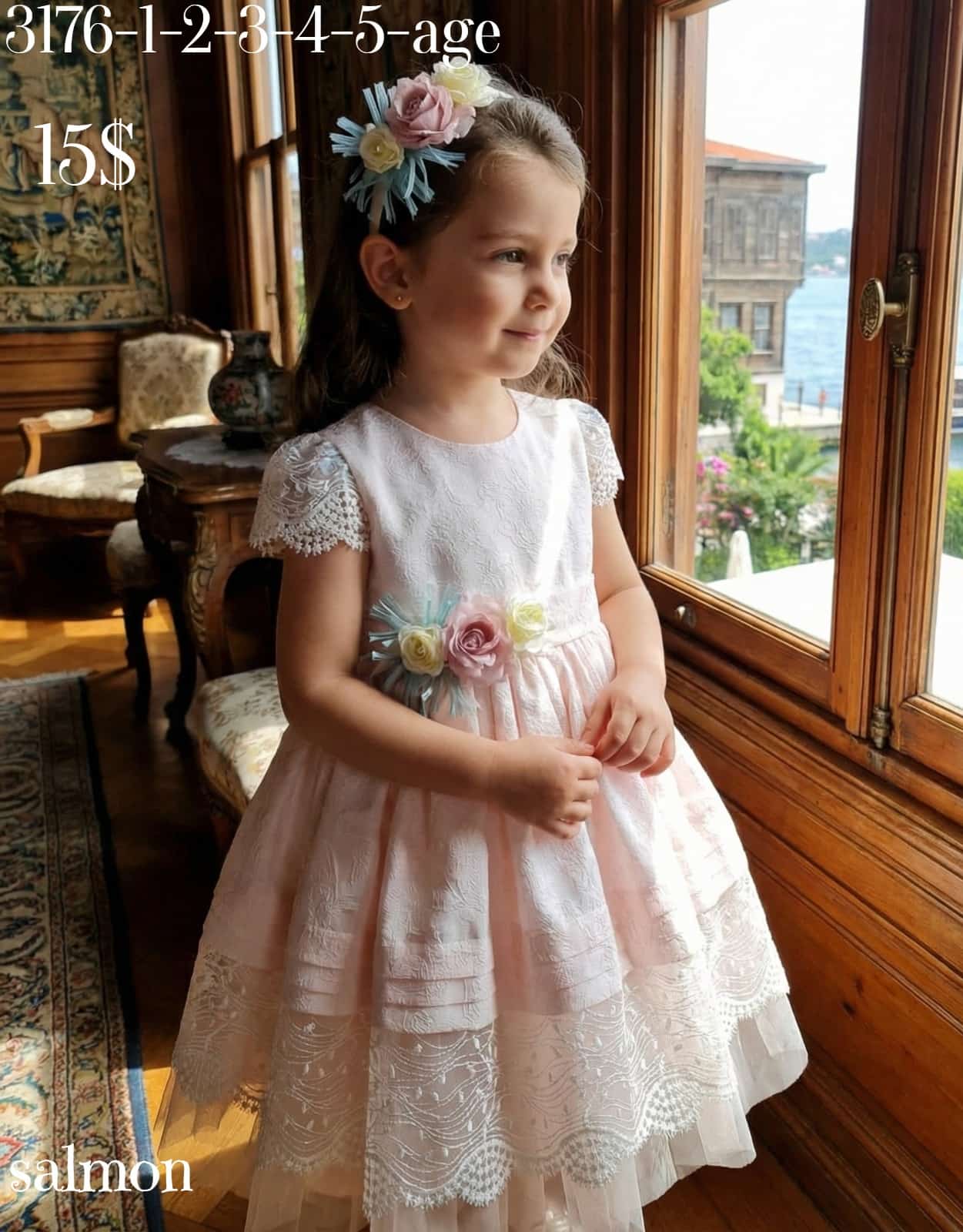 Liv Olivia Liv-3176 , Girls Floral Lace Dress in Salmon · Salmon wholesale Girls
